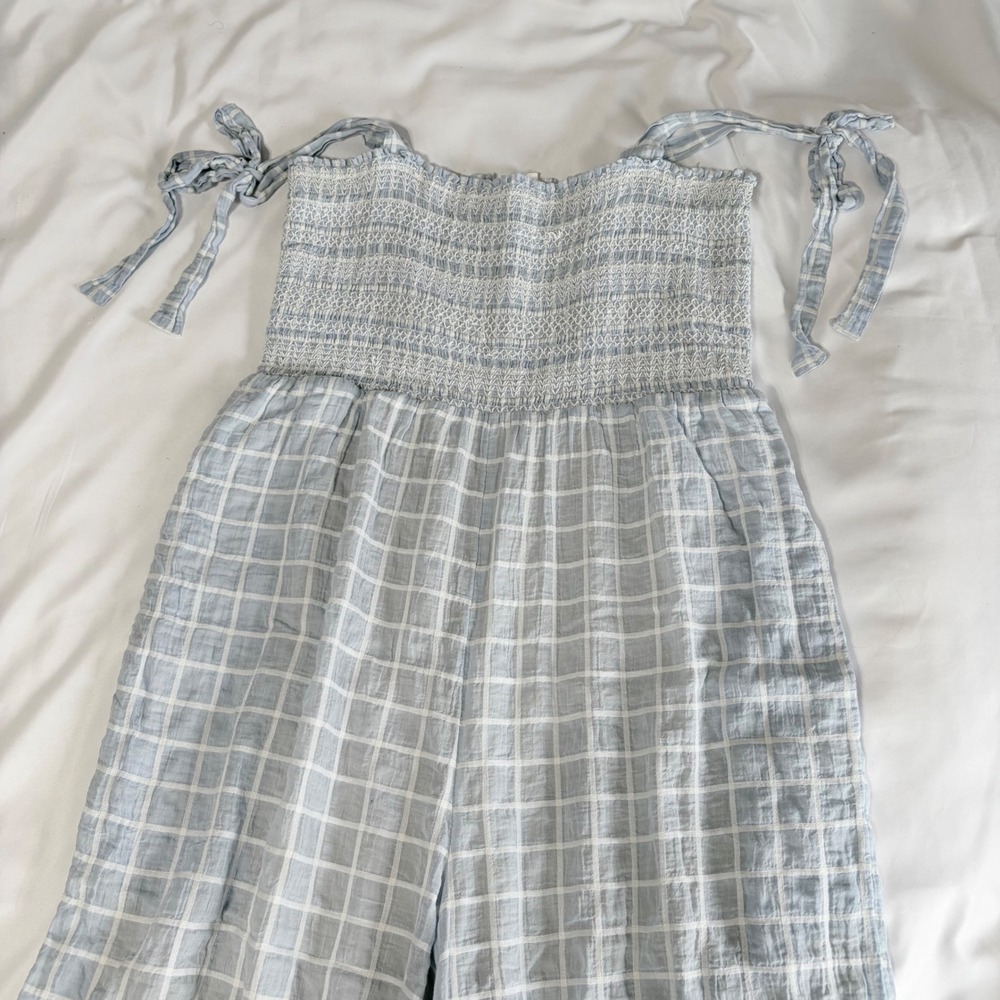 Plenty by Tracy Reese Blue White Grid Smocked Wide Leg Jumpsuit Size S 6150314